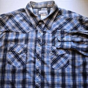 Wrangler Wrancher Mens 2XT Blue Plaid Western Pearl Snap Long Sleeve Shirt